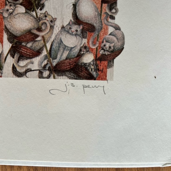 Cat Art J.S. Perry Signed Print 455/800 "Pussywillows" Jamie S. Perry Garden Cat - Picture 8 of 11